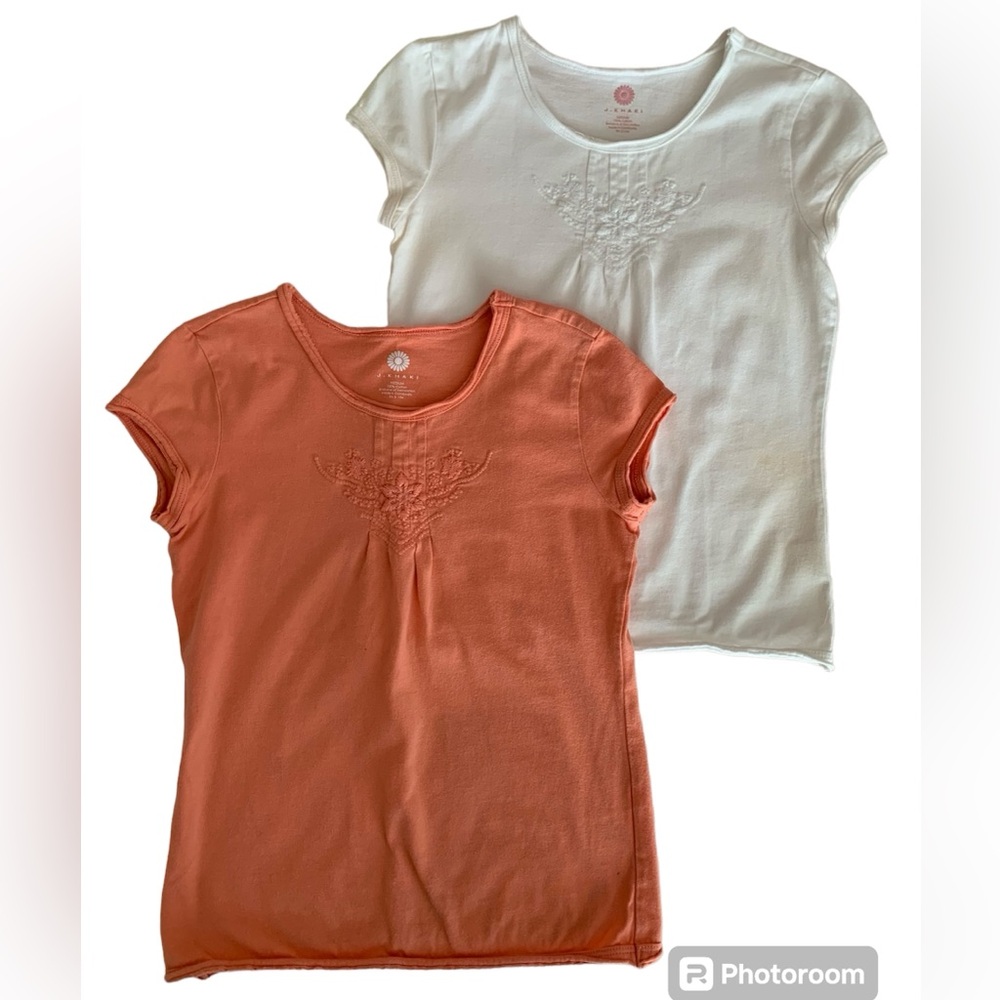 J. Khaki Girls Size M White Orange Shirts Lot 2 Pieces Floral Embroidery
